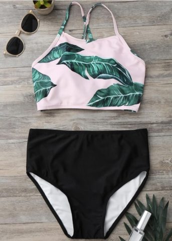 Leaf criss cross back tie 2 piece high waist flatlay 27