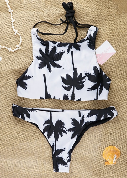 Coconut palm tree print criss cross back bikini set 73 flatlay full Coconut palm tree print criss cross back bikini set 73 flatlay full