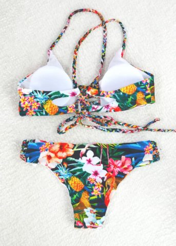 Rainbow floral plaited cross back bikini