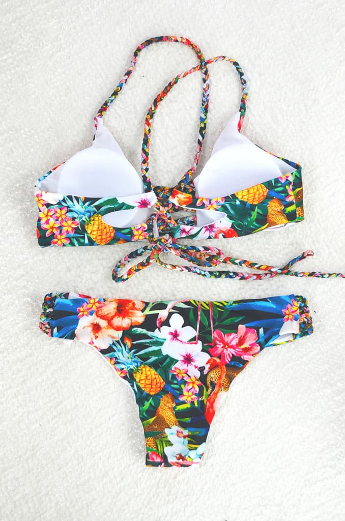 Rainbow floral plaited cross back bikini